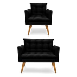 Kit Poltrona e Namoradeira 2 Lugares Olivia Suede Preto Pés Palito Castanho - Pallazio