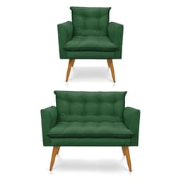 Kit Poltrona e Namoradeira 2 Lugares Olivia Suede Verde Pés Palito Castanho - Pallazio