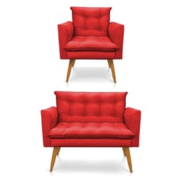 Kit Poltrona e Namoradeira 2 Lugares Olivia Suede Vermelho Pés Palito Castanho - Pallazio