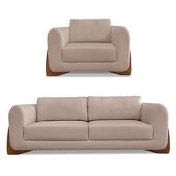 Kit Poltrona e Sofá Living 2 Lugares 1,60m Lottus Linho Areia Pés Castanho - Pallazio