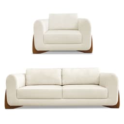 Kit Poltrona e Sofá Living 2 Lugares 1,60m Lottus Linho Natural Pés Castanho - Pallazio