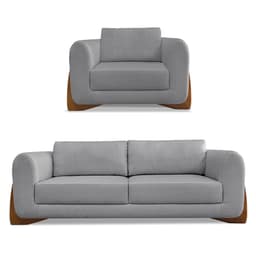 Kit Poltrona e Sofá Living 2 Lugares 1,80m Lottus Linho Grafite Pés Castanho - Pallazio