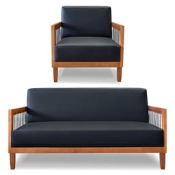 Kit Poltrona e Sofá Living 2 Lugares Marilia 1,60m Corano Preto Base em Madeira Castanho - Pallazio