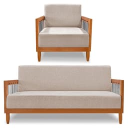Kit Poltrona e Sofá Living 2 Lugares Marilia 1,60m Linho Areia Base em Madeira Castanho - Pallazio