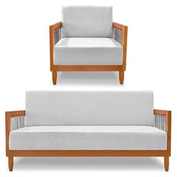 Kit Poltrona e Sofá Living 2 Lugares Marilia 1,60m Linho Cinza Base em Madeira Castanho - Pallazio