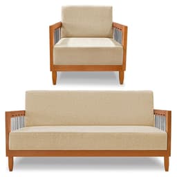 Kit Poltrona e Sofá Living 2 Lugares Marilia 1,60m Linho Dourado Base em Madeira Castanho - Pallazio