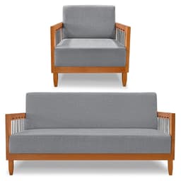 Kit Poltrona e Sofá Living 2 Lugares Marilia 1,60m Linho Grafite Base em Madeira Castanho - Pallazio