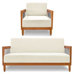 Kit Poltrona e Sofá Living 2 Lugares Marilia 1,60m Linho Natural Base em Madeira Castanho - Pallazio