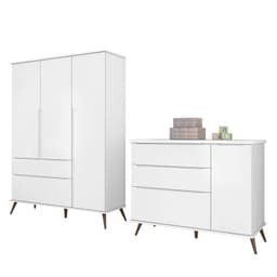 Jogo de Quarto Infantil Retrô Melinda Guarda Roupa e Cômoda com Porta Branco - Phoenix Baby