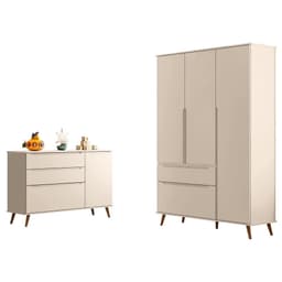 Jogo de Quarto Infantil Retrô Melinda Guarda Roupa e Cômoda com Porta Off White - Phoenix Baby