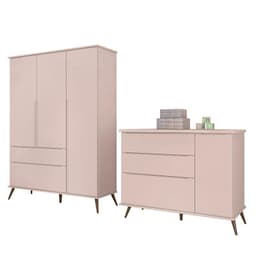 Jogo de Quarto Infantil Retrô Melinda Guarda Roupa e Cômoda com Porta Rosê - Phoenix Baby
