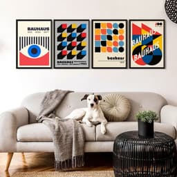 Kit 4 Quadros Abstratos Posters Bauhaus 45x34cm - com vidro