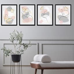 Kit 4 Quadros Borboletas Abstratas Rosa e Cinza 33x24cm