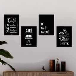 Kit 4 Quadros Cantinho Do Café Com Fé 33x24cm - com vidro