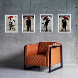 Kit 4 Quadros Casal Sombrinha Vermelha 33x24cm - com vidro