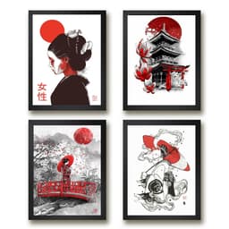 Kit 4 Quadros Decorativos Artes Orientais 45x34cm - com vidro