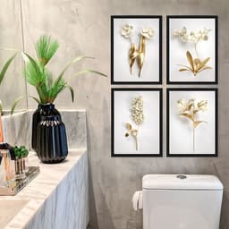 Kit 4 Quadros Decorativos Flores Brancas Com Dourado 24x18cm