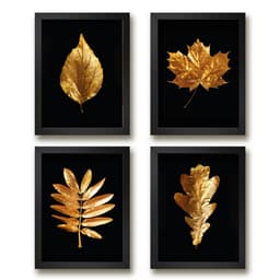 Kit 4 Quadros Decorativos Folhas Douradas 24x18cm