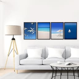 Kit 4 Quadros Decorativos Praia Azul 45x34cm - com vidro