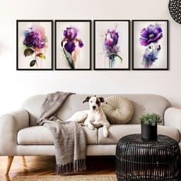 Kit 4 Quadros Flores Roxas Aquarela 45x34cm