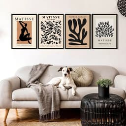 Kit 4 Quadros Matisse Bege e Preto Abstrato 24x18cm - com vidro