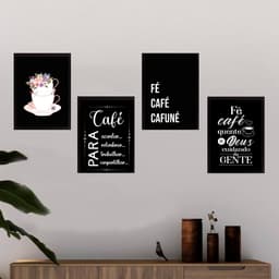 Kit 4 Quadros Para Cantinho Do Café Preto 33x24cm - com vidro