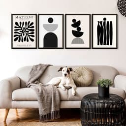 Kit 4 Quadros Para Sala Abstratos Preto E Branco Matisse 45x34cm - com vidro