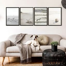 Kit 4 Quadros Praia Branco Bege e Cinza 45x34cm - com vidro