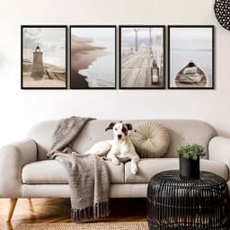 Kit 4 Quadros Praia Marrom e Bege 45x34cm