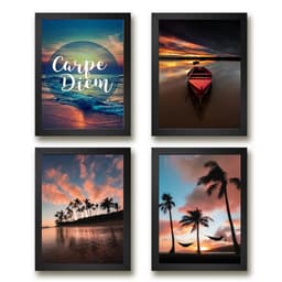 Kit 4 Quadros Praia Por Do Sol Carpe Diem 45x34cm - com vidro