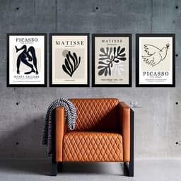 Kit 4 Quadros Preto Cinza - Matisse Picasso 33x24cm