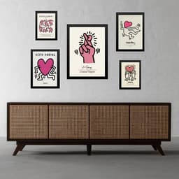Kit 5 Quadros Keith Haring Rosa - com vidro