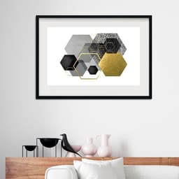 Quadro Horizontal Abstrato Preto Cinza Ouro - 60x48cm