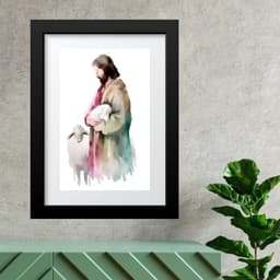 Quadro Jesus Com Cordeiros Aquarela - 60x48cm