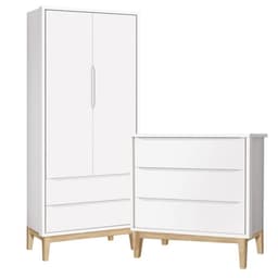 Jogo de Quarto Classic Guarda Roupa 2 Portas e Cômoda 3 Gavetas Branco Fosco com Pés Madeira Natural - Reller Móveis