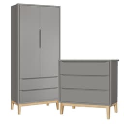 Jogo de Quarto Classic Guarda Roupa 2 Portas e Cômoda 3 Gavetas Cinza Fosco com Pés Madeira Natural - Reller Móveis