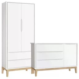 Jogo de Quarto Classic Guarda Roupa 2 Portas e Cômoda Branco Fosco com Pés Madeira Natural - Reller Móveis