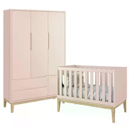 Jogo de Quarto Classic Guarda Roupa 3 Portas e Berço Rosa Fosco com Pés Madeira Natural - Reller Móveis