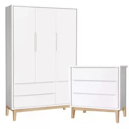 Jogo de Quarto Classic Guarda Roupa 3 Portas e Cômoda 3 Gavetas Branco Fosco com Pés Madeira Natural - Reller Móveis