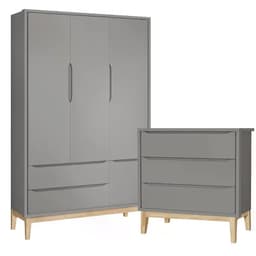Jogo de Quarto Classic Guarda Roupa 3 Portas e Cômoda 3 Gavetas Cinza Fosco com Pés Madeira Natural - Reller Móveis