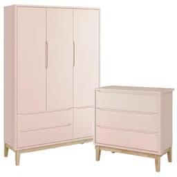 Jogo de Quarto Classic Guarda Roupa 3 Portas e Cômoda 3 Gavetas Rosa Fosco com Pés Madeira Natural - Reller Móveis