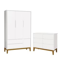 Jogo de Quarto Infantil Classic Guarda Roupa 3 Portas e Cômoda 6 Gavetas Branco Fosco com Pés Amadeirado - Reller Móveis
