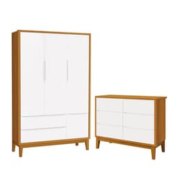 Jogo de Quarto Infantil Classic Guarda Roupa 3 Portas e Cômoda 6 Gavetas Branco/Savana com Pés Amadeirado - Reller Móveis