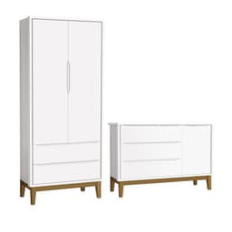 Jogo de Quarto Infantil Guarda Roupa 2 Portas e Cômoda 1 Porta Classic Branco Fosco com Pés Amadeirado - Reller Móveis