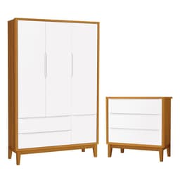 Jogo de Quarto Infantil Guarda Roupa 3 Portas e Cômoda 3 Gavetas Branco/Savana Classic com Pés Amadeirado - Reller Móveis