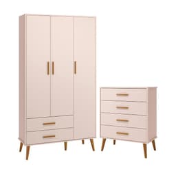 Jogo de Quarto Infantil Isis Guarda Roupa 3 Portas e Cômoda 4 Gavetas Rosa - Reller Móveis