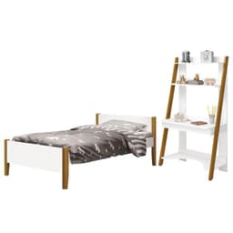 Jogo de Quarto Infantil Simba Estante Escrivaninha e Cama Branco Fosco com Pés Amadeirado - Reller Móveis