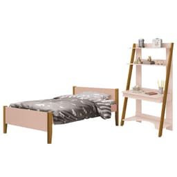 Jogo de Quarto Infantil Simba Estante Escrivaninha e Cama Rosa Fosco com Pés Amadeirado - Reller Móveis