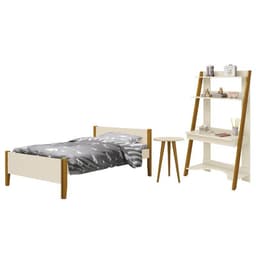 Jogo de Quarto Infantil Simba Estante Escrivaninha, Cama e Mesa de Canto Theo Areia Fosco com Pés Amadeirado - Reller Móveis