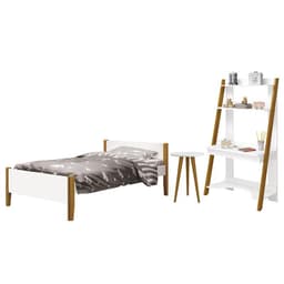 Jogo de Quarto Infantil Simba Estante Escrivaninha, Cama e Mesa de Canto Theo Branco Fosco com Pés Amadeirado - Reller Móveis